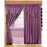 Vintage Satin Purple Embroidery Flower Window Curtain / Drape Set with Printed Sheer Backing-treatment Draperies