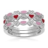 Sterling Silver Enamel Heart Design Diamond Stack Ring (0.05 cttw, I-J Color, I2-I3 Clarity), Size 7