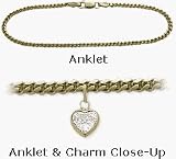 10 Karat Yellow Gold 10 Curb Style White Stone Heart Charm Anklet