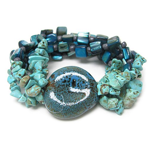 Turquoise Ceramic Stone and Natural Chip Stone Stretch Bracelet Fashion Jewelry