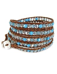 Chan Luu Crystal Light Azore Turquoise Mix Natural Brown Leather Wrap Bracelet
