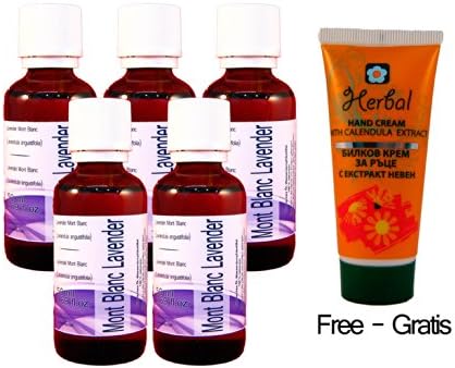 Set of Five Lavender Oil, Mont Blanc 50ml/1.69 Oz Each Bottle -Lavandula Angustifolia- 40/42 Grade 100% Pure, Undiluted, Therapeutic Grade. Origin France , Shipped Directly From Europe + Free Herbal Cream with Your Order