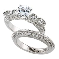 Sterling Silver Vintage Style 2-Piece Wedding Ring Set w/ Rhodium Plating, w/ 7mm (1.25 Carats) Brilliant Cut CZ Stone, 5/16 (8mm) wide, size 7
