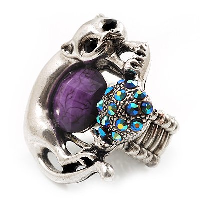 Burn Silver Purple Diamante Cat & Mouse Stretch Ring