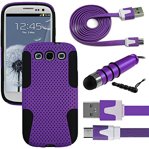 441 Wireless Hybrid Rugged Impact Proof Dual Layer Shock Resistant Case + USB 3.0 Data / Charging Cable &amp; Mini Pen Stylus Bundle Kit for Samsung Galaxy S3, S 3, SIII, S III, i9300 (Alltel, AT &amp; T, Boost Mobile, Cricket, Metro PCS, Net 10, Sprint, Straighttalk, T-Mobile, Tracfone, U.S.Cellular, Verizon, Virgin Mobile) (Case USB Stylus Kit - Net Purple)