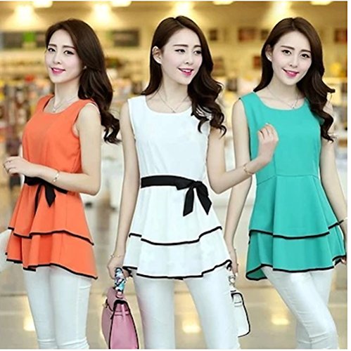 ギグアント（GiGant)  レディース レース シフォン フリル ノースリーブ ブラウス  スリム エレガンス   M L XL   白 緑 オレンジ チュニック 春 夏