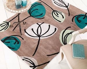 Floral Patterned Rug With Brown Beige & Teal Blue Flowers ...