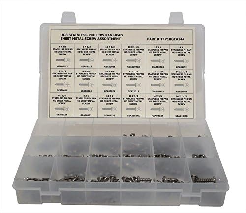 244 Piece PHILLIPS PAN HEAD SHEET METAL (TAPPING) SCREW ASSORTMENT - 304 (18-8) STAINLESS STEEL - Ships FREE in the USA