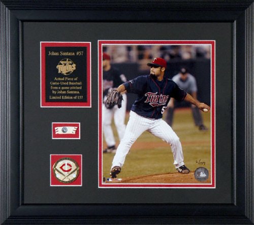 Johan Santana Minnesota Twins Framed Photograph with Team Medallion and Game Used Baseball Piece