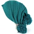 Winter Unisex Adjustable Back Tie 3 Pom Pom Ribbed Knit Slouchy Ski Teal
