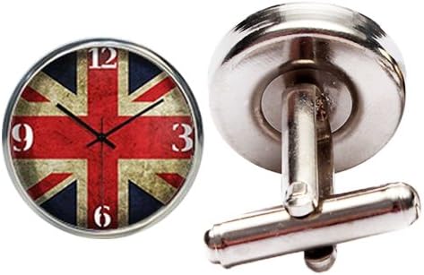 Unique Fashionable Design Men's Round Cuff Links, Multiple Styles Compass, American Flag, British Flag, Roman Numeral Clock and More. (British Flag)