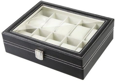 Watch Box Large 12 Mens Black Leather Display Glass Top Jewelry Case Organizer