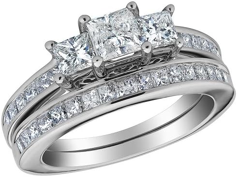 Princess Cut Three Stone Diamond Engagement Ring and Wedding Band Set 1.50 Carat (ctw) in 14K White Gold, Size 7.5