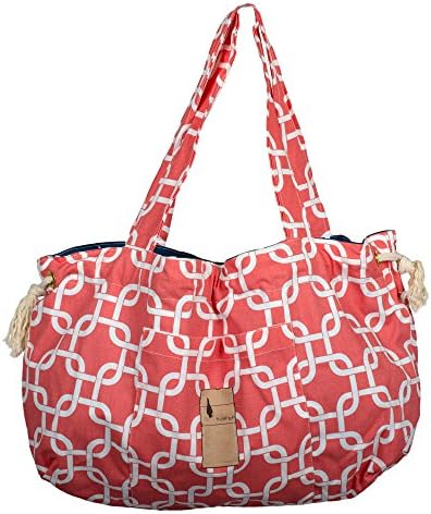 Navy Anchors and Coral Trellis 14 x 24 Reversible Rope Cinch Cruiser Travel Tote