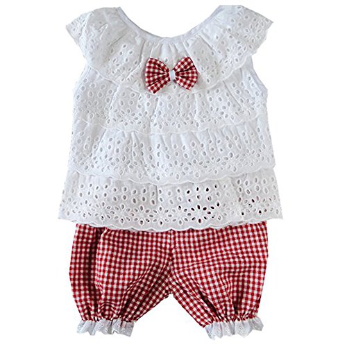 Urparcel Baby Girls Lace Top Hollow Out T-shirt Vest Plaid Shorts Outfits Sets