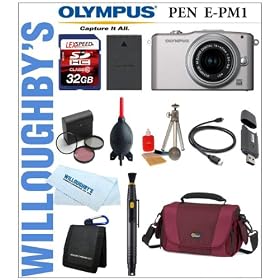 Olympus PEN Mini E-PM1 12.3 MP CMOS Sensor Micro Four Thirds Interchangeable Lens Digital Camera with 14-42mm II Lens (Silver) + LEXSpeed 32GB SDHC Memory Card + Extra PS-BLS1 Battery + Deluxe Digital SLR Camera Bag + 3pc 37mm Multi-Coated Essential Filter Kit