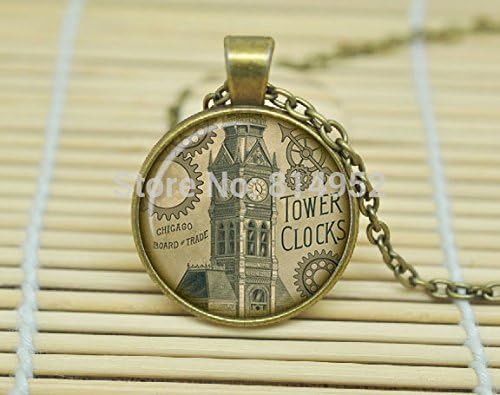 VintaStore Art Glass Necklace Steampunk Victorian Clock Tower Necklace Steampunk Pendant Watch Jewelry A1648