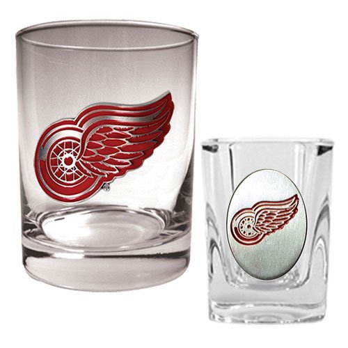 Detroit Red Wings NHL Rocks Glass & Square Shot Glass Set - Primary Logo