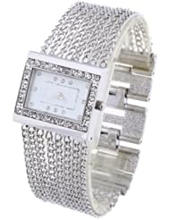 Lady Bracelet Wristwatch Silver Plated Chain Rhinestone Bezel Rectangle Dial