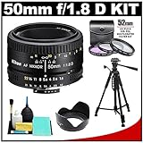 Nikon 50mm f/1.8D AF Nikkor Lens with 3 UV/FLD/CPL Filters + Hood + Tripod  ....