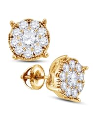 14K Yellow Gold Round Brilliant Cut Diamond - Flower Shape Milgrain Prong Set Studs Earrings with Secure Screw Back Closure - (1/3 cttw.)
