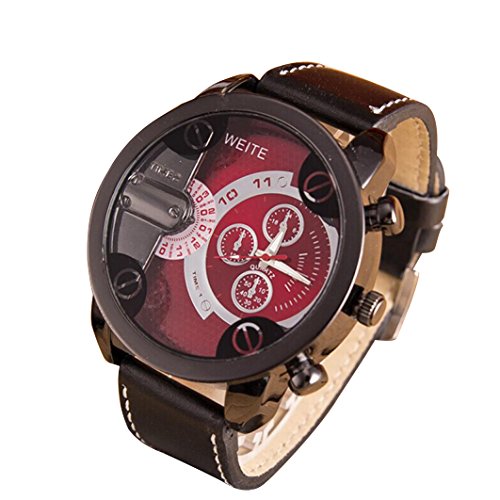 Creazy® Fashion Luxury Mens Analog Sport Steel Case Quartz Leather Wrist Watch (Red)