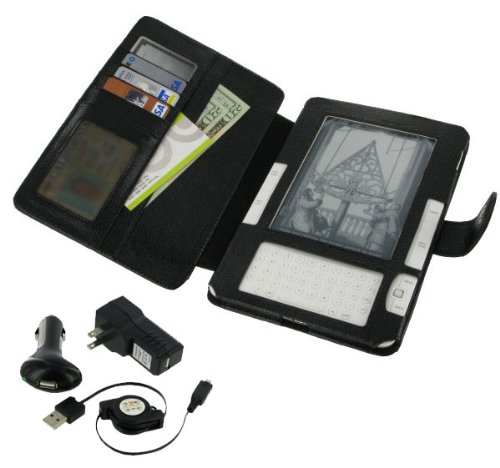 Black Full Genuine Leather Case with Retractable USB Cable Charge Kit for Amazon Kinde 2 (Old Version) E-Reader Reading Device (Kindle NOT Included)