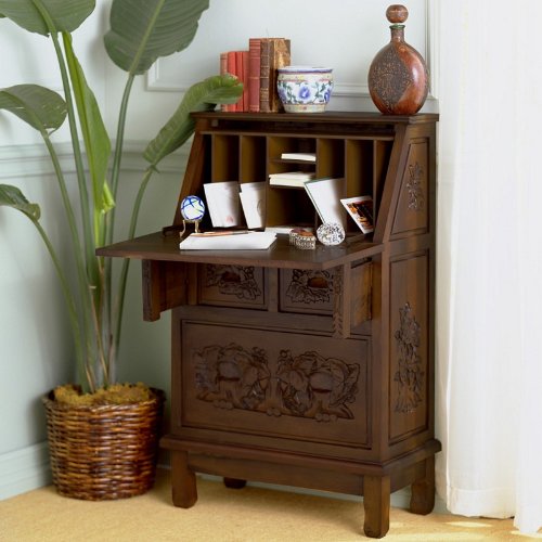 Hand-Carved Pecan Finish Secretay Writing Desk