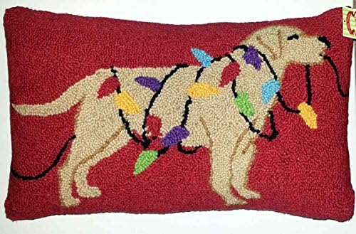 Yellow Labrador Retriever Dog Holiday Lights Wool Hooked Christmas Throw Pillow - 12" X 20"