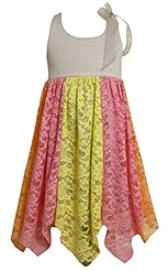 Girls Spaghetti Strap Polyester/Rayon/Knit Striped Print Lace  Sheer Jeweled  Dress With a Bow(s)