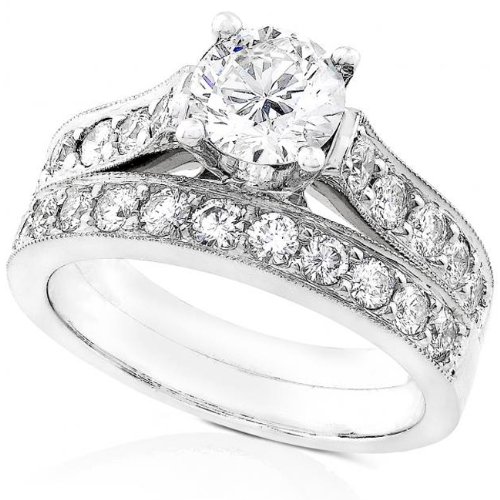 One of a Kind 2-5/8ctw GIA Cert Round Brilliant Diamond Wedding Ring Set in 18kt White Gold