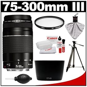 Canon EF 75-300mm f/4-5.6 III Zoom Lens with Hoya UV Filter + Hood + Tripod + Accessory Kit for EOS 60D, 7D, 5D Mark II III, Rebel T3, T3i, T4i Digital SLR Cameras
