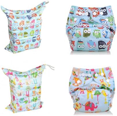 Baby Washable One Size Cloth Pocket Diaper and Wet/Dry Bag Set, 8 Packs