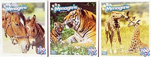 Baby Animals And Their Moms New 100 Piece Menagerie Jigsaw Puzzles Bundle Of 3: Tiger, Horse, &amp; Giraffe - Ages 6+