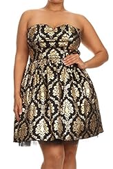 Plus Size Strapless Elasticized   Waistline Flared-Skirt Sweetheart Cocktail Cotton/Metallic/Spandex/Tulle  Dress