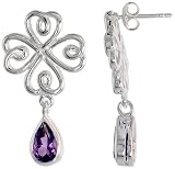 Sterling Silver Celtic Shamrock Flower Dangle Earrings, w/ Pear Cut Natural Amethyst Stones, 1 1/4" (31mm) tall