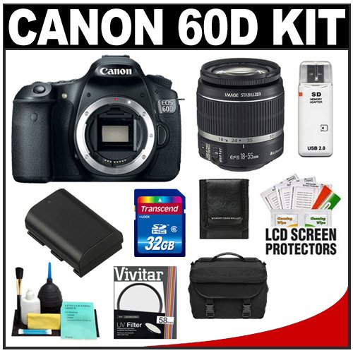 Canon EOS 60D Digital SLR Camera Body with 18-55mm IS Lens + 32GB Card + Battery + Case + Accessory Kit