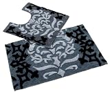 Homescapes Damask Bath Mat and Pedestal Mat Set, Black, 50 x 80 cm and 50x55cm, 1400 GSM rug in 100% Cotton, Non Slip Spray Back, Washable at Home