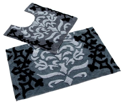 Homescapes Damask Bath Mat and Pedestal Mat Set, Black, 50 x 80 cm and 50x55cm, 1400 GSM rug in 100% Cotton, Non Slip Spray Back, Washable at Home