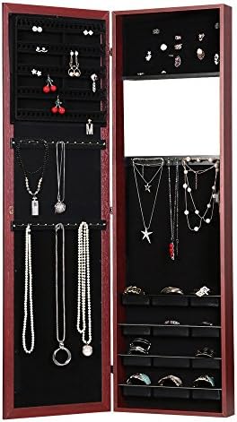 Mango Art Wall/Door Mount Jewelry Makeup Armoire Cabinet, Full Length Wooden Dressing Mirror &amp; Vanity Mirror for Bracelets, Necklaces, Rings, Earrings and More, Cherry Finish
