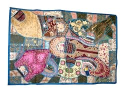 Wall Hanging India Vintage Sari Beaded Multi Blue Sari Tapestry Throw