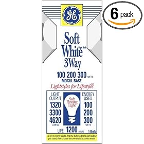 GE 41459-6 Soft White 3-Way Mogul Base Bulb, 100/200/300-Watt, 6-Pack