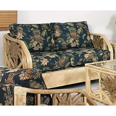 Cancun Palm Upholstered Rattan Loveseat in Natural Finish Fabric: Seaworthy Coral Red