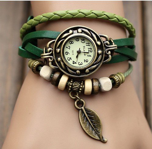Woman Lady Men Hot Fashion Classic Leather Strap Roma Number Dial Quartz Watch WHS1 (Green-5)
