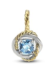 Bright Blue Natural Cushion Cut Blue Topaz Pendant In Rhodium And Yellow Gold Plated Silver With Rope Design