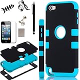 iPod Touch 5 Case, - SQdeal 6in1 Pack 3 Layer Hard and Soft Hybrid Armor Defender Sports Combo Case for Apple iPod Touch 5 iTouch 5th Generation, with Screen Protector, Touch Pen, Earphone, Fish winder and Dust Plug (Black/Blue)
