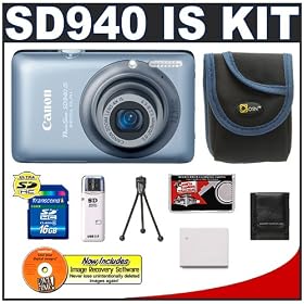 Canon PowerShot SD940 IS Digital ELPH Camera (Blue) + 16GB Card + NB-4L Battery + Case + Accessory Kit
