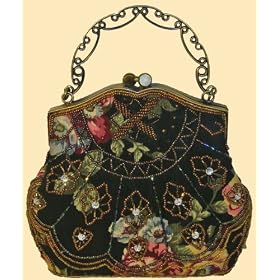 Beautiful Beaded Evening Handbag/purse,with Shoulder Chain, Black Cloth Base --#1