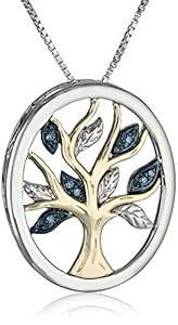XPY Sterling Silver and 14k Yellow Gold Blue Diamond Tree of Life Pendant Necklace (0.03 cttw, I2-I3 Clarity), 18