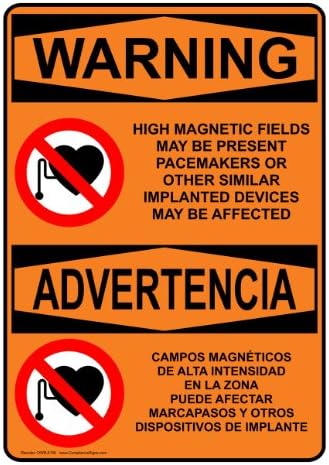 ComplianceSigns Vinyl OSHA WARNING Label, 10 x 7 in. with MRI / X-Ray / Microwave Info in English + Spanish, Orange